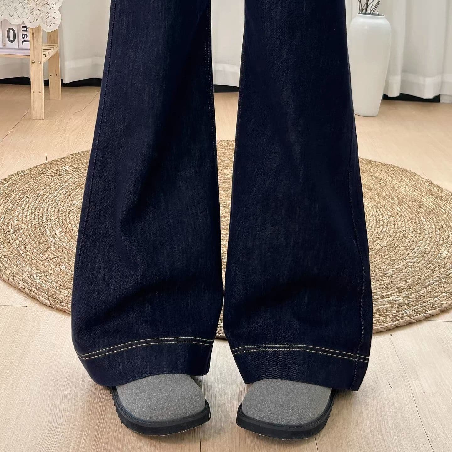 아메리칸 워싱 루즈핏 아니요 막대기 다리 진한 파란색 부츠컷 청바지 여성 봄 슬림해 보이는 하이웨이스트 스트레이트 나팔 바지 이미지 5