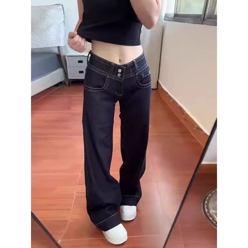아메리칸 레트로 더블 허리 버클 아니요 막대기 다리 부츠컷 청바지 여자 봄 작은 대중 슬림해 보이는 다용도 로우 웨이스트 스트레이트 팬츠 이미지 3