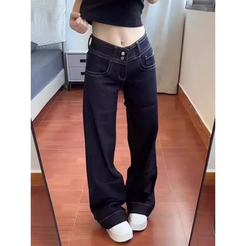 아메리칸 레트로 더블 허리 버클 아니요 막대기 다리 부츠컷 청바지 여자 봄 작은 대중 슬림해 보이는 다용도 로우 웨이스트 스트레이트 팬츠