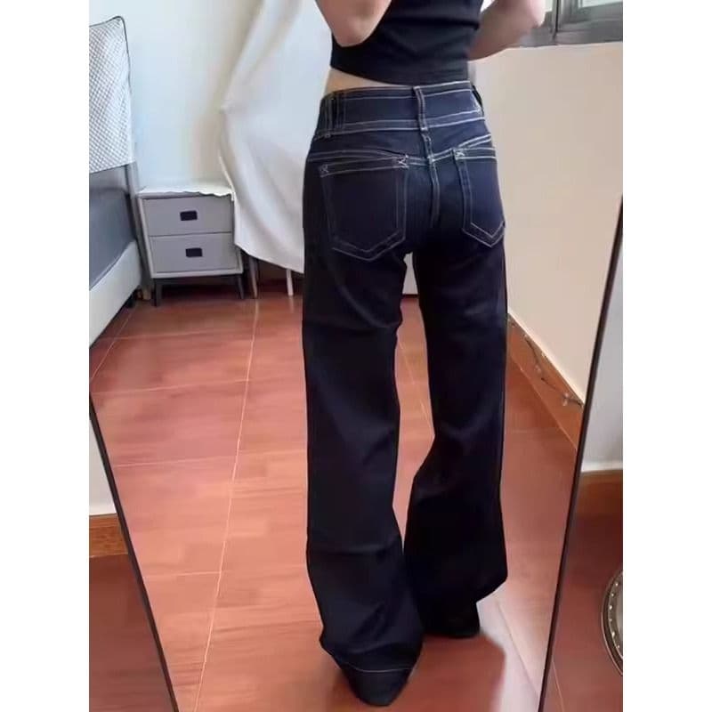 아메리칸 레트로 더블 허리 버클 아니요 막대기 다리 부츠컷 청바지 여자 봄 작은 대중 슬림해 보이는 다용도 로우 웨이스트 스트레이트 팬츠 이미지 5