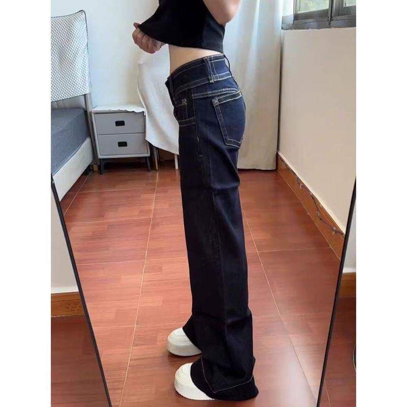 아메리칸 레트로 더블 허리 버클 아니요 막대기 다리 부츠컷 청바지 여자 봄 작은 대중 슬림해 보이는 다용도 로우 웨이스트 스트레이트 팬츠 상세 이미지 4