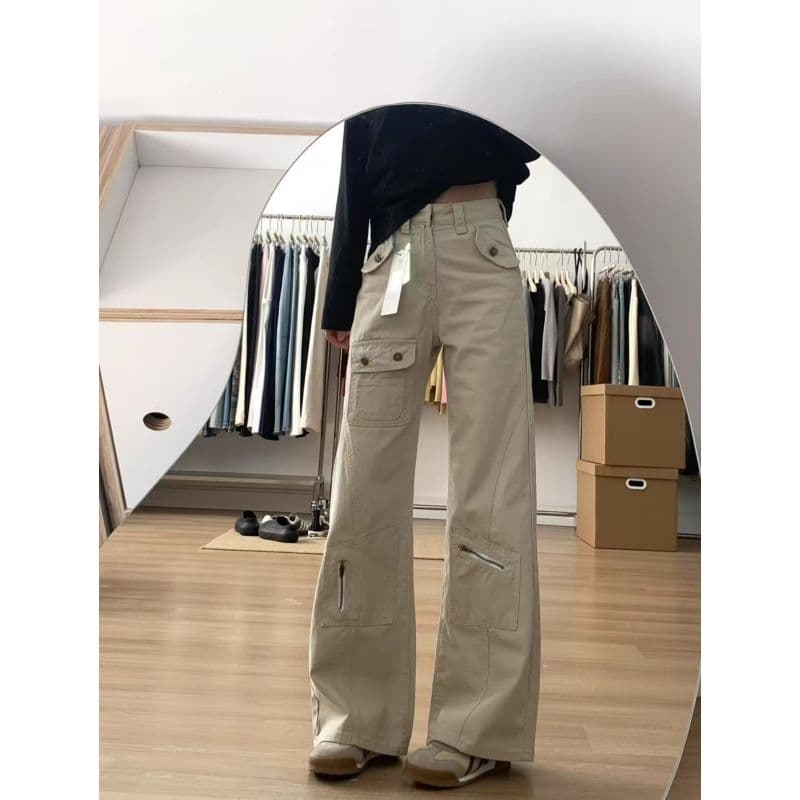 아메리칸 레트로 살구 색상 워크웨어 부츠컷 청바지 여성 가을 새로운 하이웨이스트 루즈핏 슬림해 보이는 아니요 막대기 다리 나팔 바지