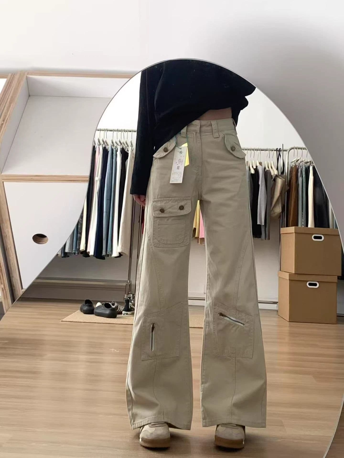 아메리칸 레트로 살구 색상 워크웨어 부츠컷 청바지 여성 가을 새로운 하이웨이스트 루즈핏 슬림해 보이는 아니요 막대기 다리 나팔 바지 상세 이미지 6