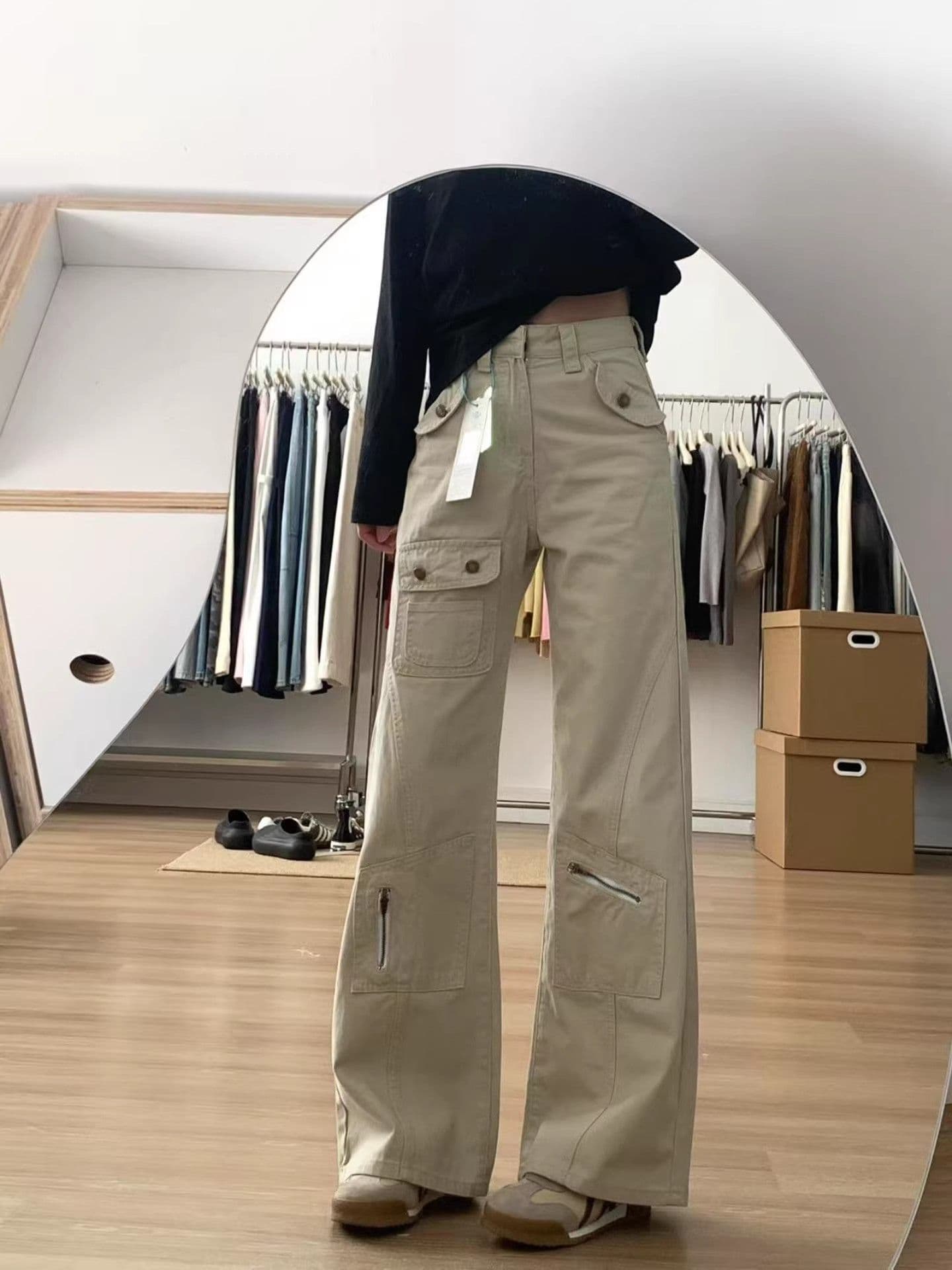 아메리칸 레트로 살구 색상 워크웨어 부츠컷 청바지 여성 가을 새로운 하이웨이스트 루즈핏 슬림해 보이는 아니요 막대기 다리 나팔 바지 상세 이미지 10