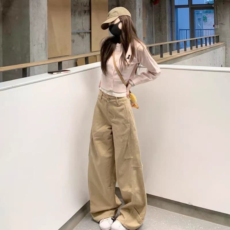 아름다움 라드. 디자인 센스 카키 색 넓은 다리 청바지 여성 2026 새로운 하이웨이스트 루즈핏 도루 센스 슬림해 보이는 캐주얼 바지 상세 이미지 5