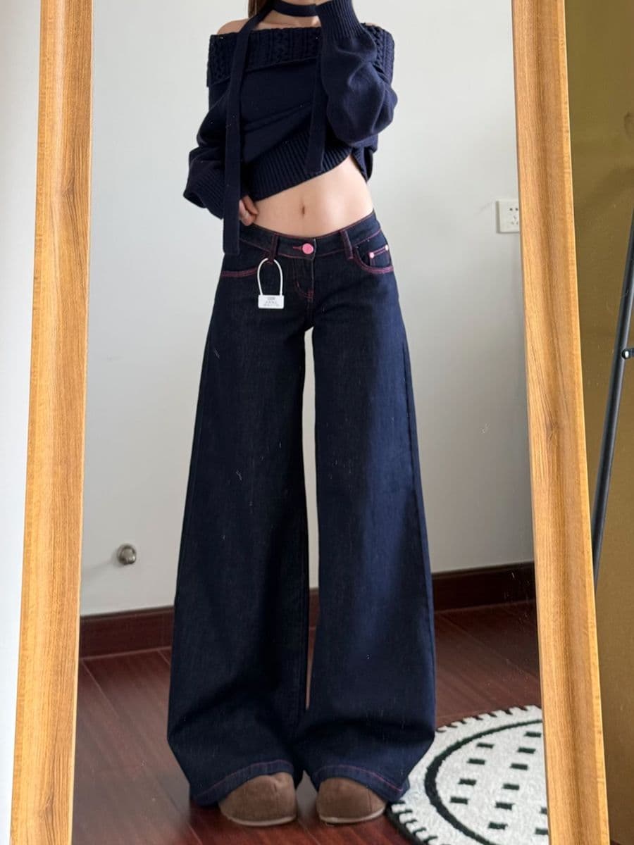 아메리칸 레트로 파우더 라인 명중 세단 닝 블루 넓은 다리 청바지 여성 여름 루즈핏 도루 센스 슬림해 보이는 로우 웨이스트 스트레이트 팬츠 이미지 2