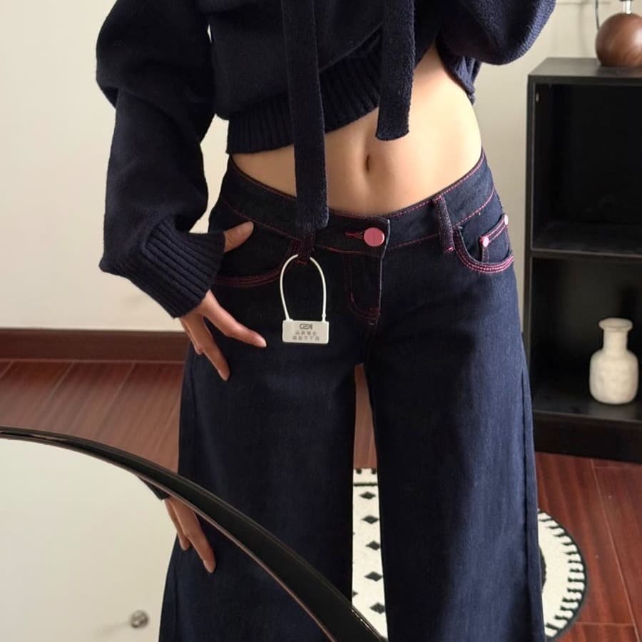 아메리칸 레트로 파우더 라인 명중 세단 닝 블루 넓은 다리 청바지 여성 여름 루즈핏 도루 센스 슬림해 보이는 로우 웨이스트 스트레이트 팬츠 이미지 6