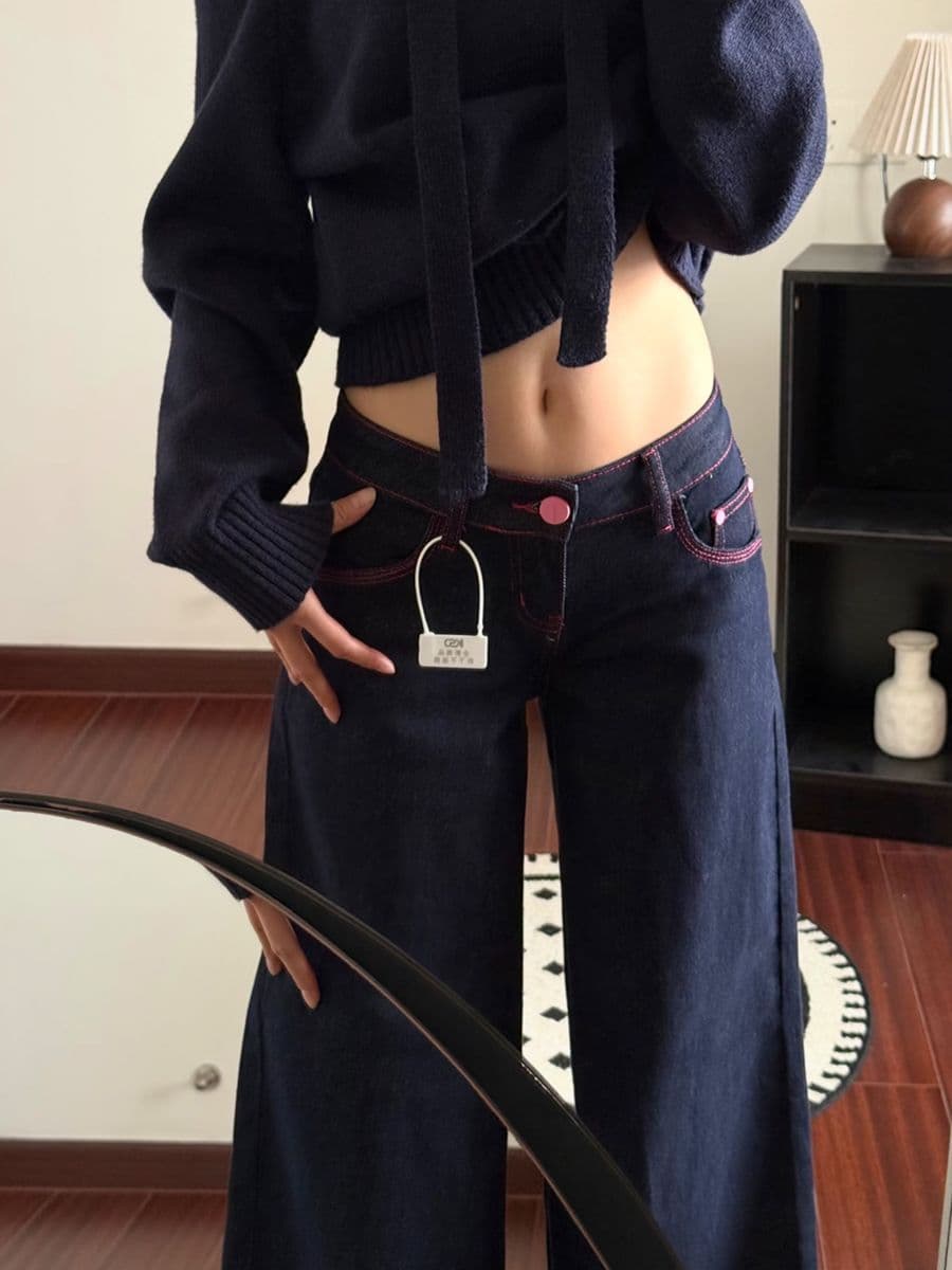 아메리칸 레트로 파우더 라인 명중 세단 닝 블루 넓은 다리 청바지 여성 여름 루즈핏 도루 센스 슬림해 보이는 로우 웨이스트 스트레이트 팬츠 상세 이미지 7