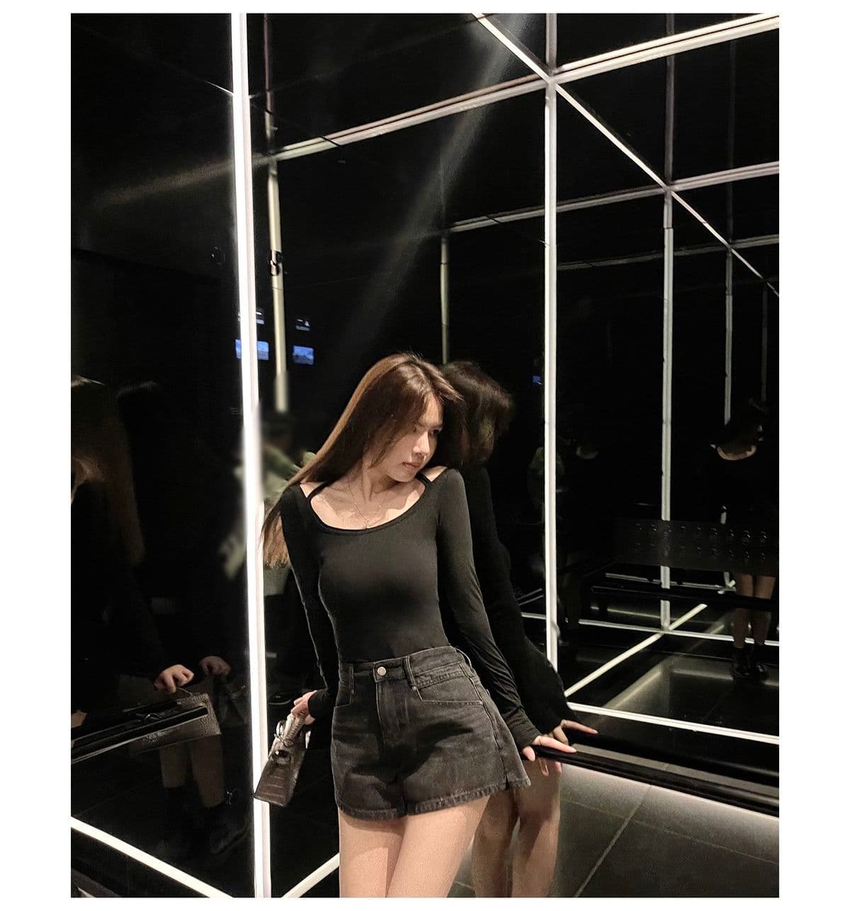 블랙 회색 하이웨이스트 루즈핏 한 마디 루즈핏 캐주얼 다용도 디스플레이 다리 길이 표지 고기 슬림해 보이는 트임 넓은 다리 데님 반바지 상세 이미지 13
