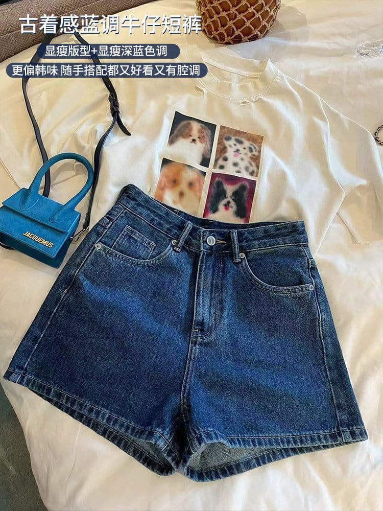진한 파란색 데님 반바지 여성 2026 여름 새로운 루즈핏 와이드 레그 팬츠 하이웨이스트 얇은 스타일 레트로 블루 한 마디 핫 바지 상세 이미지 3