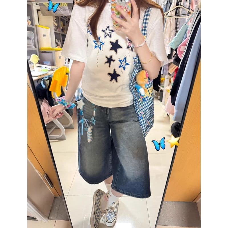 아메리칸 레트로 넓은 다리 데님 7부 바지 여성 여름 새로운 작은 키 배 종류 몸 루즈핏 슬림해 보이는 스트레이트 팬츠 이미지 5