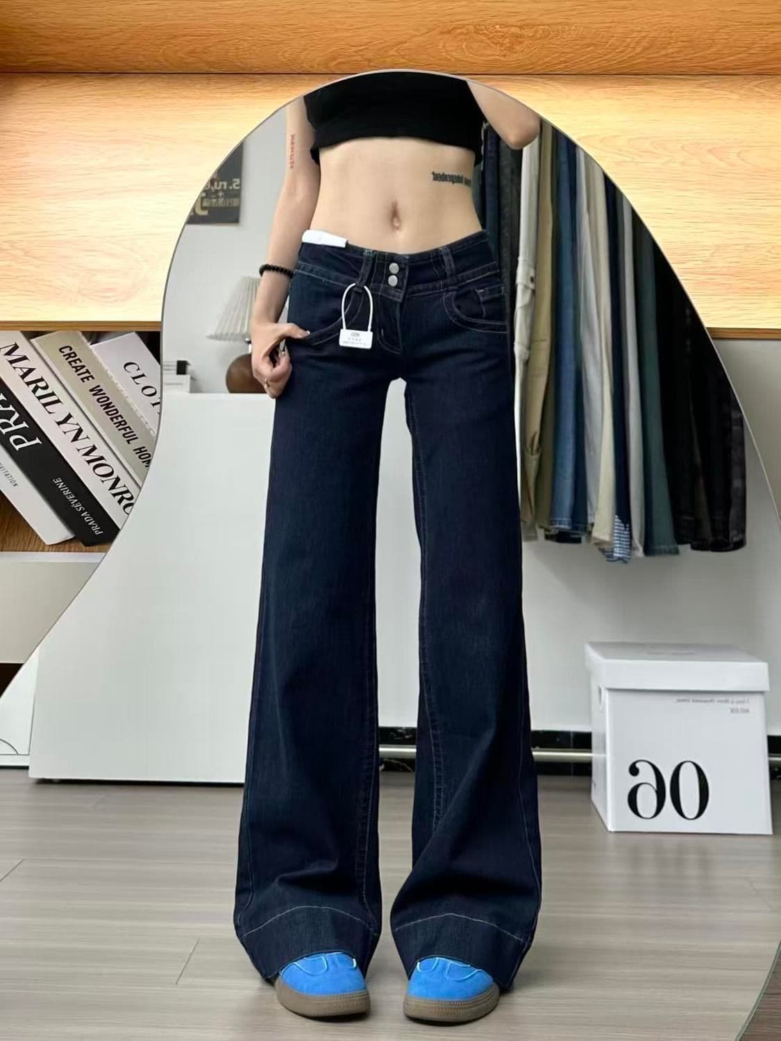 작은 키 아메리칸 레트로 단 닝 블루 트렌디 차가운 로우 웨이스트 부츠컷 청바지 여성 여름 핫걸 캐주얼 슬림해 보이는 긴 바지 상세 이미지 1