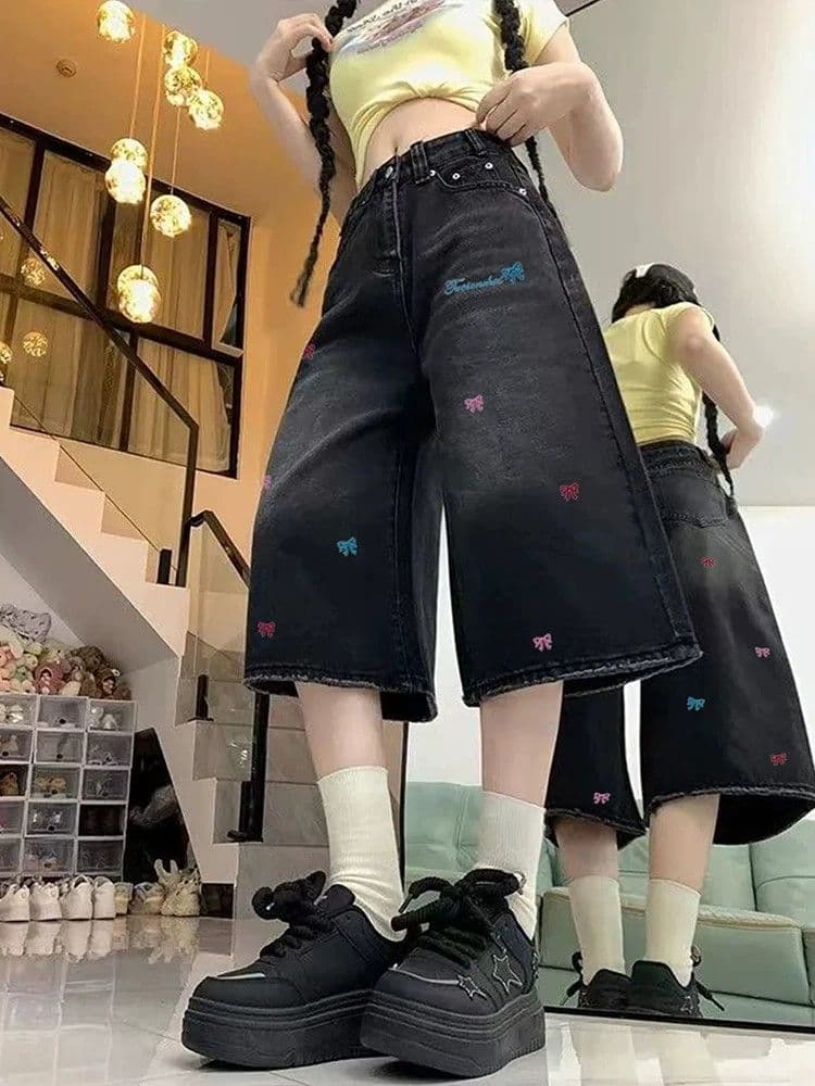 한 스타일 레트로 데님 반바지 여성 여름 자수 하이웨이스트 슬림해 보이는 루즈핏 캐주얼 다용도 스트레이트 넓은 다리 7부 바지 상세 이미지 7