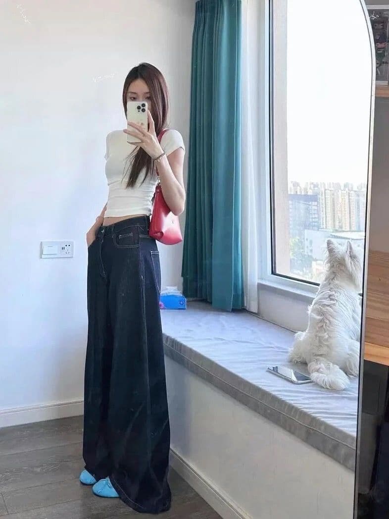 한 스타일 워싱 순수한 욕망 바람 레트로 진한 파란색 청바지 여름 새로운 하이웨이스트 슬림해 보이는 넓은 다리 바닥 청소 바지 vibe 상세 이미지 1