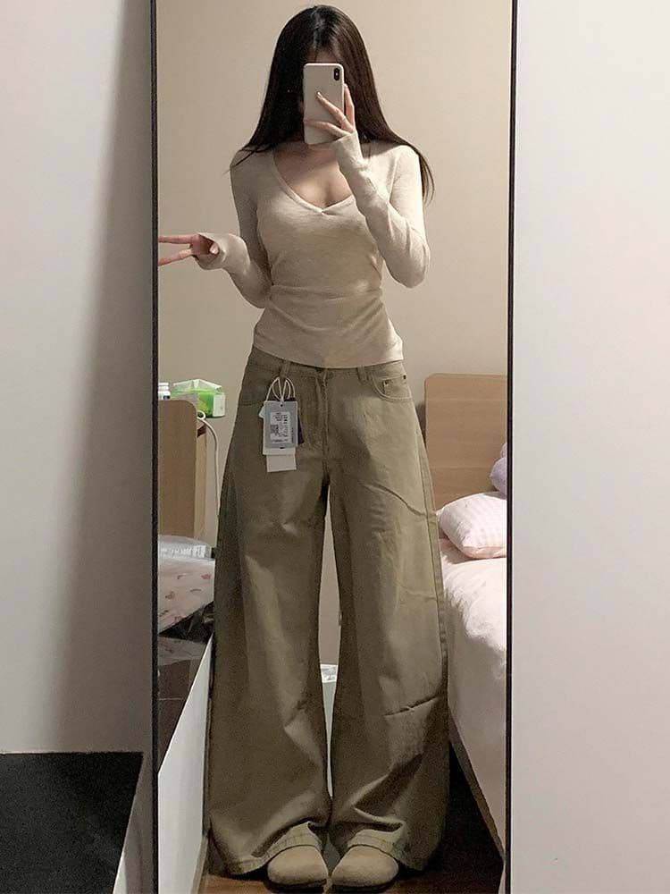 작은 키 아메리칸 레트로 카키 색 넓은 다리 청바지 여성 봄 하이웨이스트 다용도 슬림해 보이는 도루 센스 바닥 청소 긴 바지 상세 이미지 9