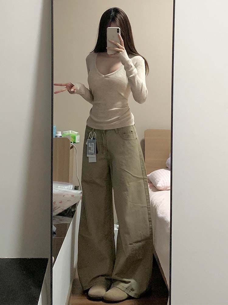 작은 키 아메리칸 레트로 카키 색 넓은 다리 청바지 여성 봄 하이웨이스트 다용도 슬림해 보이는 도루 센스 바닥 청소 긴 바지 상세 이미지 11