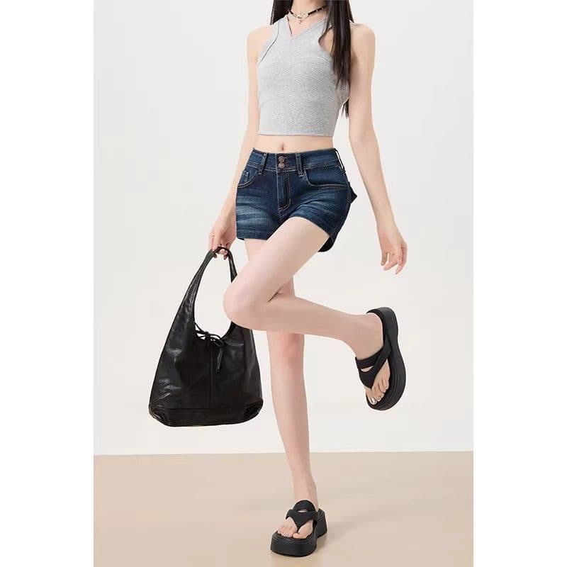 레트로 아메리칸 핫걸 다용도 반바지 여름 새로운 진한 파란색 신축성 데님 핫 바지 타이트 리프트 엉덩이 디스플레이 몸 이미지 2