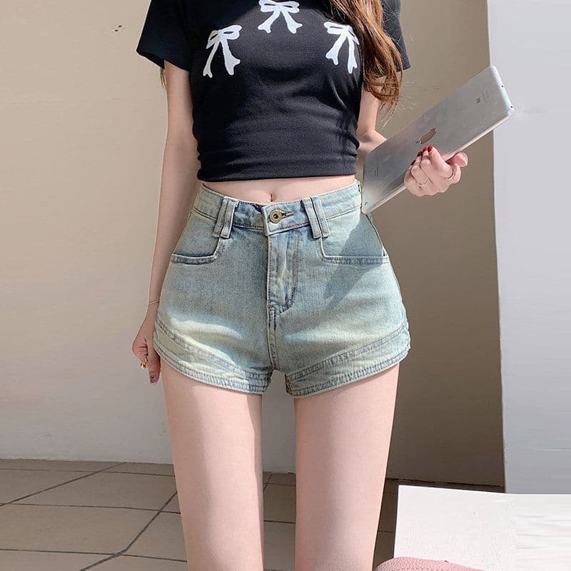 아메리칸 핫걸 레트로 하늘색 하이웨이스트 데님 반바지 여성 여름 얇은 스타일 작은 키 한 마디 디자인 현명한 바지