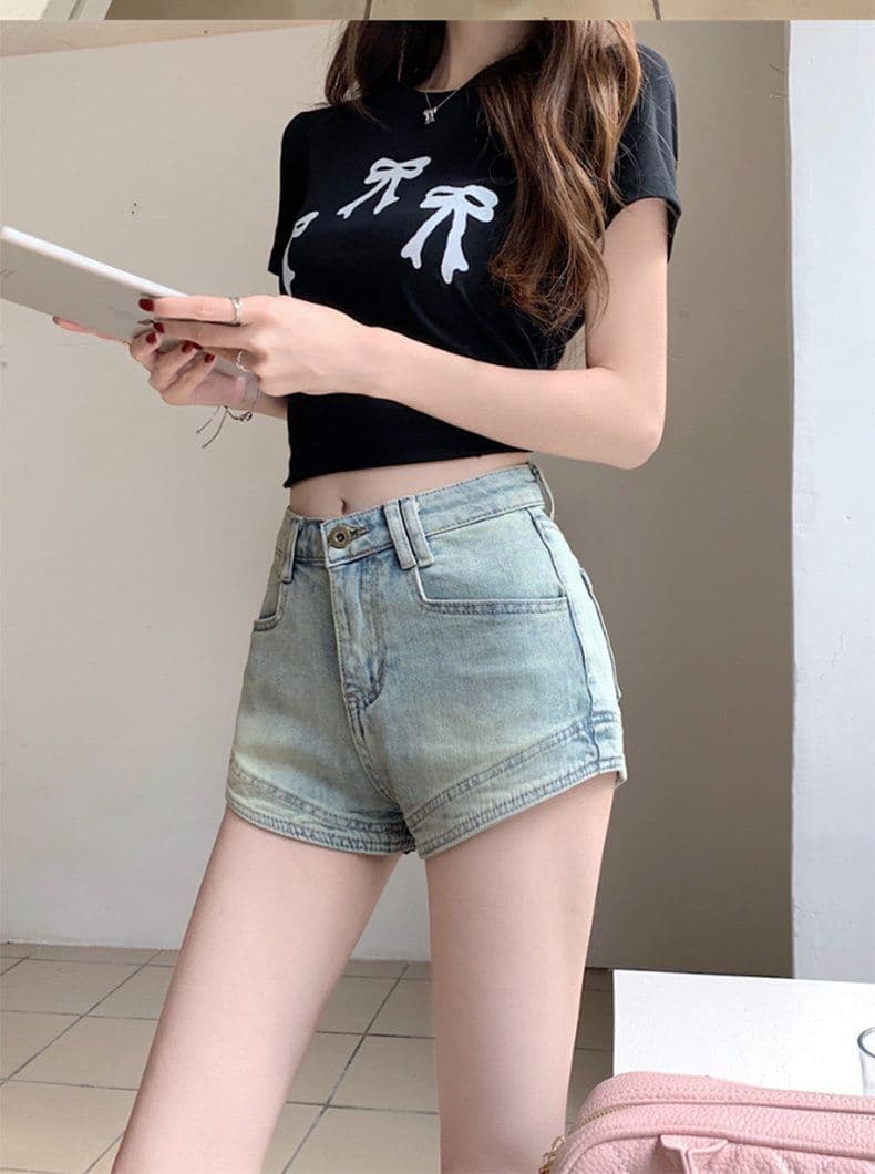 아메리칸 핫걸 레트로 하늘색 하이웨이스트 데님 반바지 여성 여름 얇은 스타일 작은 키 한 마디 디자인 현명한 바지 상세 이미지 15