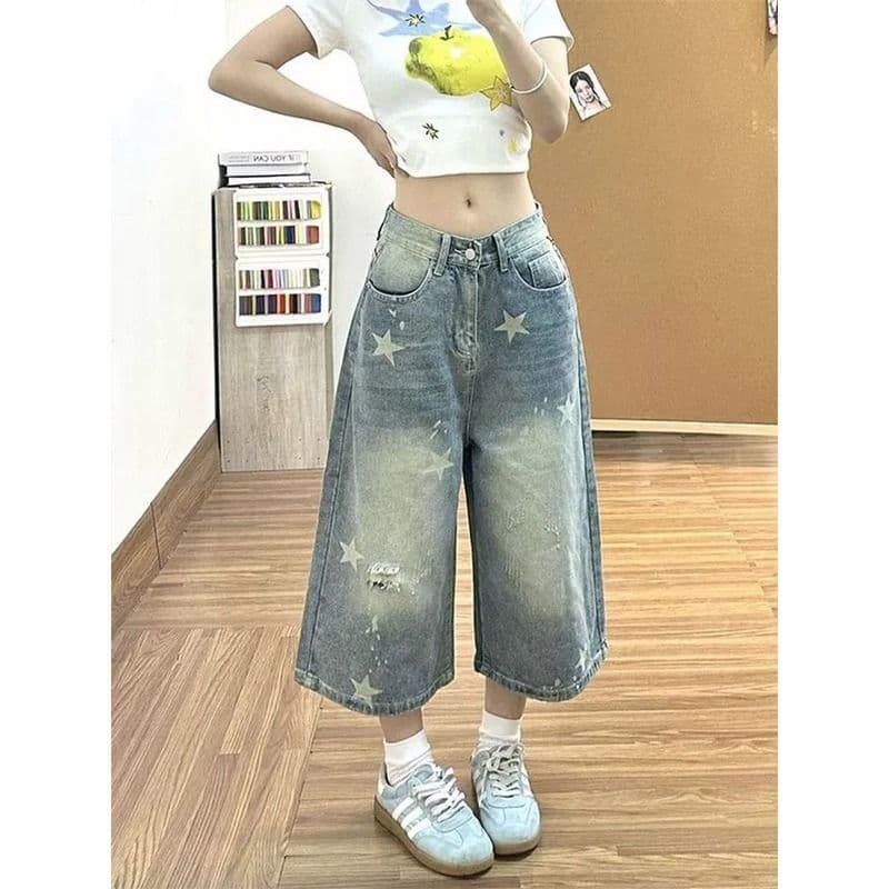 작은 키 높음 거리 별 프린트 하이웨이스트 찢어진 부분 디자인 7 점 데님 바지 여성 여름 캐주얼 스트레이트 바지 상세 이미지 1