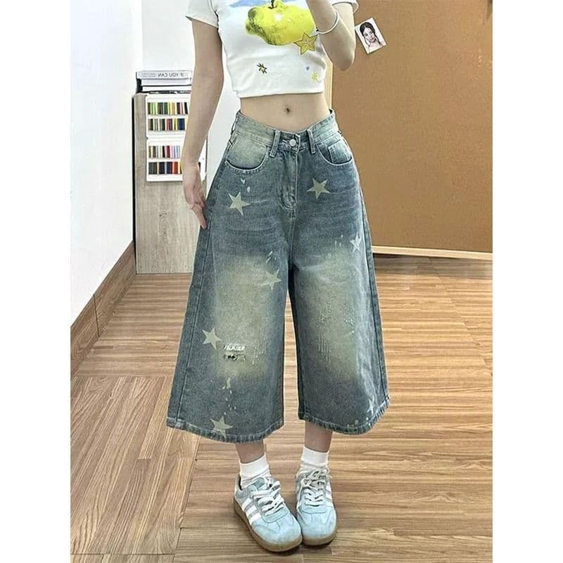 작은 키 높음 거리 별 프린트 하이웨이스트 찢어진 부분 디자인 7 점 데님 바지 여성 여름 캐주얼 스트레이트 바지 상세 이미지 3