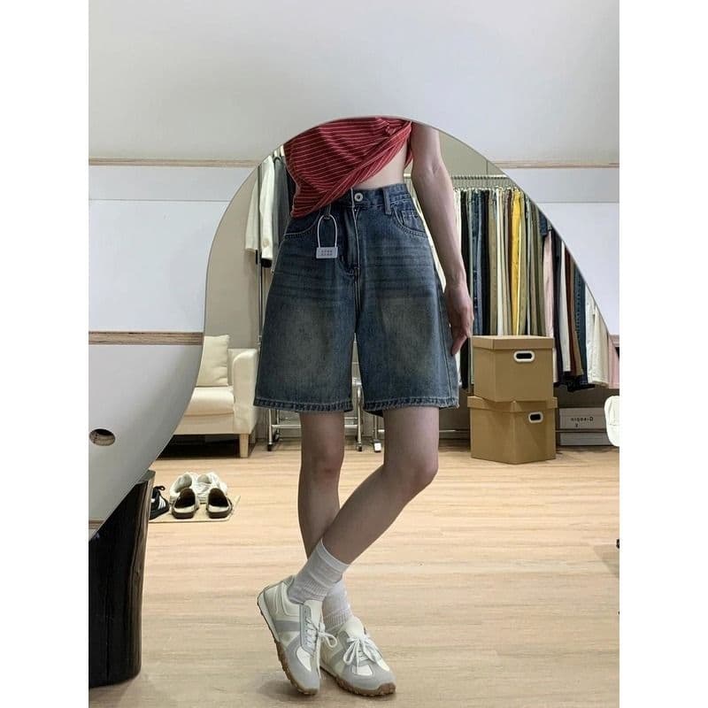 작은 키 높음 거리 레트로 블루 데님 반바지 여성 여름 하이웨이스트 루즈핏 슬림해 보이는 스트레이트 넓은 다리 5 점 중 바지 상세 이미지 5