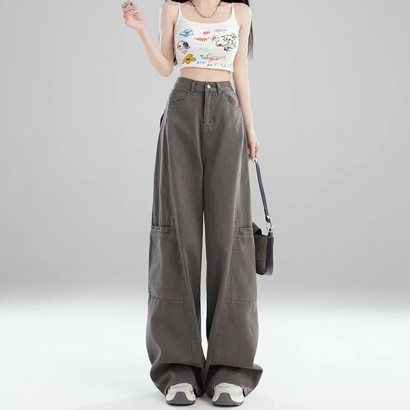 아메리칸 거리 워크웨어 청바지 여성 봄 여름 새로운 하이웨이스트 루즈핏 다용도 캐주얼 스트레이트 데님 바지 트렌디