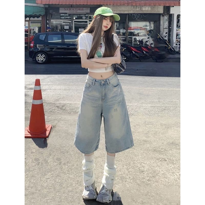 레트로 밝은색 7 점 청바지 여성 2026 새로운 작은 키 여름 넓은 다리 하이웨이스트 루즈핏 슬림해 보이는 중 바지 이미지 3