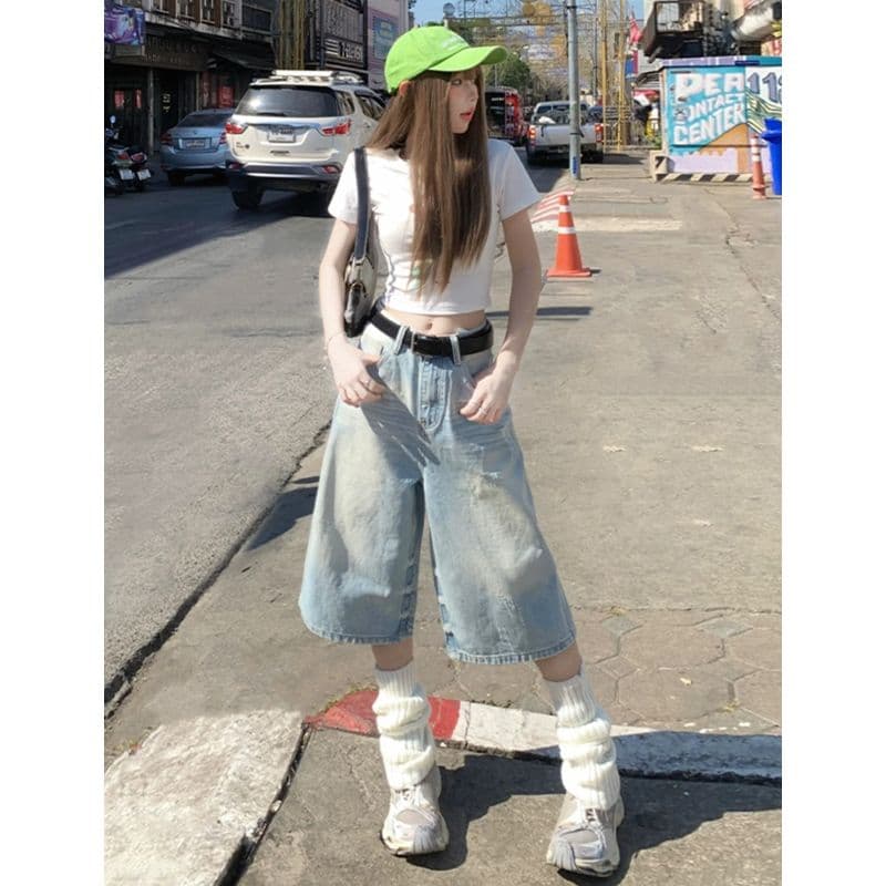 레트로 밝은색 7 점 청바지 여성 2026 새로운 작은 키 여름 넓은 다리 하이웨이스트 루즈핏 슬림해 보이는 중 바지 이미지 2