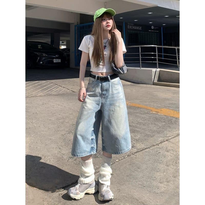 레트로 밝은색 7 점 청바지 여성 2026 새로운 작은 키 여름 넓은 다리 하이웨이스트 루즈핏 슬림해 보이는 중 바지 이미지 5