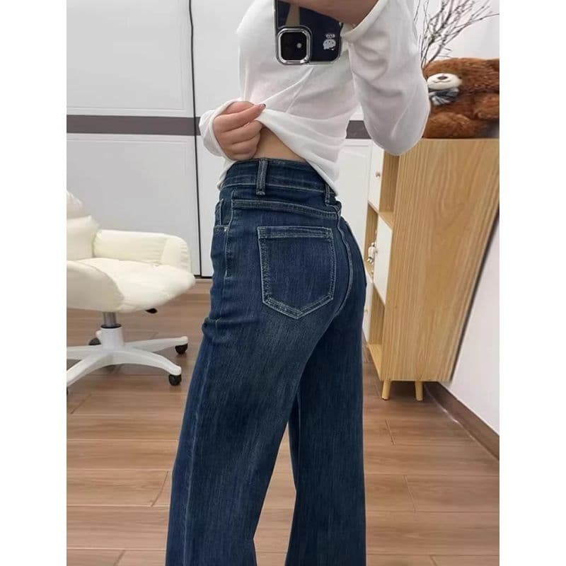 레트로 부츠컷 청바지 여성 봄 여름 2026 년 새로운 하이웨이스트 슬림해 보이는 몸매 가꾸기 아니요 막대기 다리 작은 키 나팔 바지 이미지 2