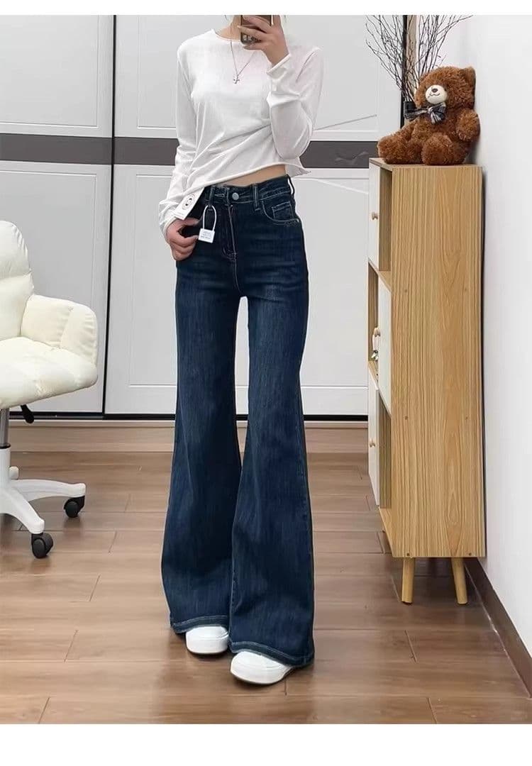 레트로 부츠컷 청바지 여성 봄 여름 2026 년 새로운 하이웨이스트 슬림해 보이는 몸매 가꾸기 아니요 막대기 다리 작은 키 나팔 바지 상세 이미지 11