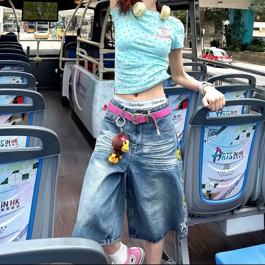 아메리칸 별 자수 워싱 데님 7부 바지 2026 여름 새로운 커플 바지 반바지 여성 상세 이미지 7