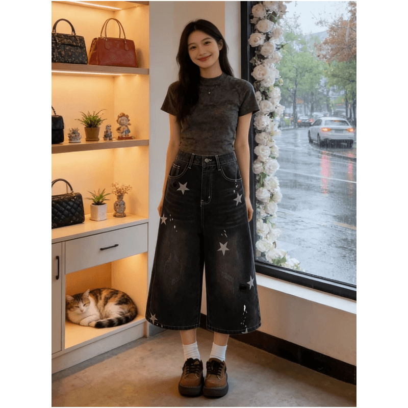아메리칸 레트로 별 프린트 넓은 다리 데님 반바지 여성 2026 년 새로운 루즈핏 슬림해 보이는 7 점 중 바지 트렌디 이미지 3