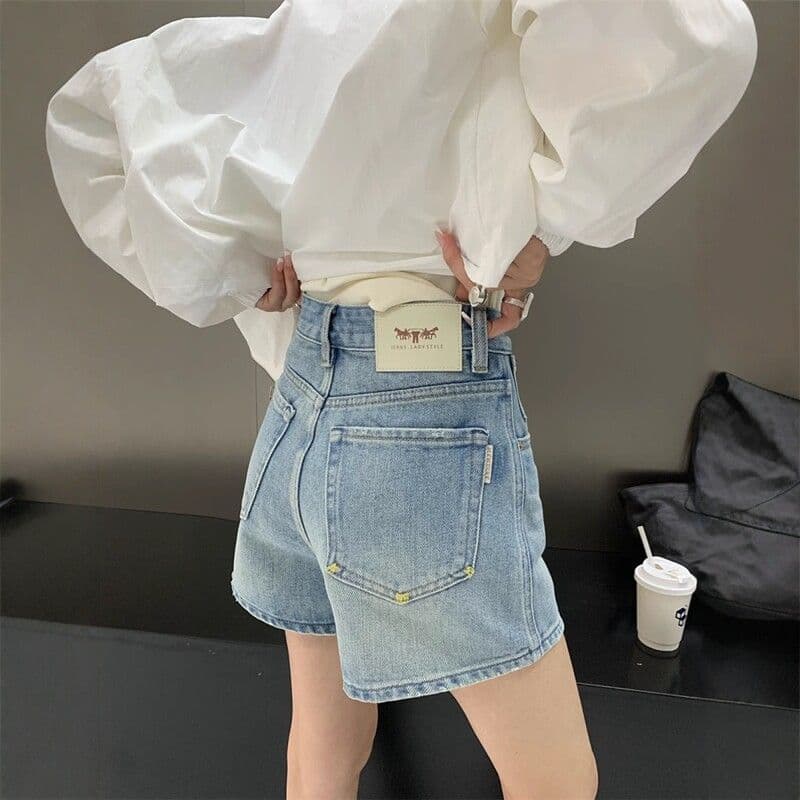 하늘색 하이웨이스트 넓은 다리 데님 반바지 여성 여름 레트로 워싱 루즈핏 슬림해 보이는 스트레이트 캐주얼 한 마디 핫 바지
