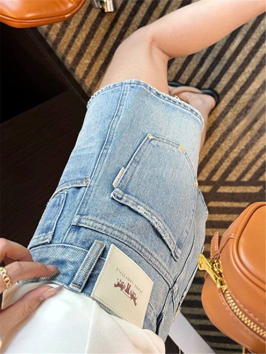 하늘색 하이웨이스트 넓은 다리 데님 반바지 여성 여름 레트로 워싱 루즈핏 슬림해 보이는 스트레이트 캐주얼 한 마디 핫 바지 상세 이미지 4