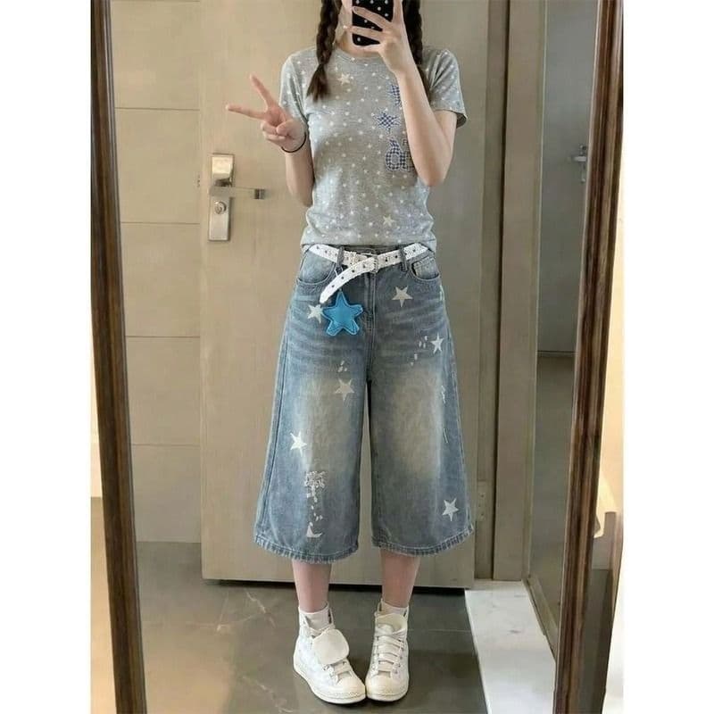 작은 키 워싱 별 프린트 찢어진 부분 디자인 스트레이트 7 점 청바지 여성 여름 루즈핏 슬림해 보이는 바지 트렌디