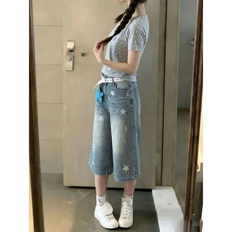 작은 키 워싱 별 프린트 찢어진 부분 디자인 스트레이트 7 점 청바지 여성 여름 루즈핏 슬림해 보이는 바지 트렌디 이미지 4