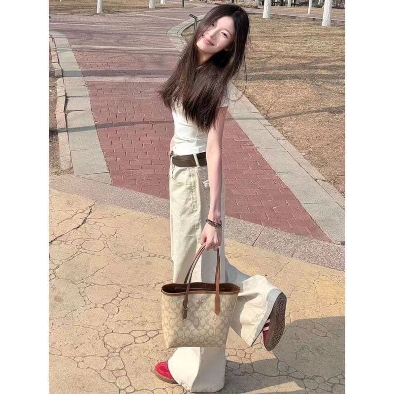 아메리칸 얕은 살구 색상 넓은 다리 청바지 여성 2026 봄 새로운 로우 웨이스트 루즈핏 슬림해 보이는 도루 센스 바닥 청소 스트레이트 팬츠 이미지 5