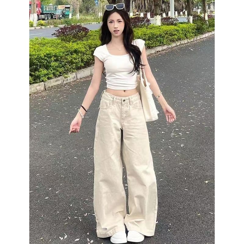 아메리칸 얕은 살구 색상 넓은 다리 청바지 여성 2026 봄 새로운 로우 웨이스트 루즈핏 슬림해 보이는 도루 센스 바닥 청소 스트레이트 팬츠 상세 이미지 9