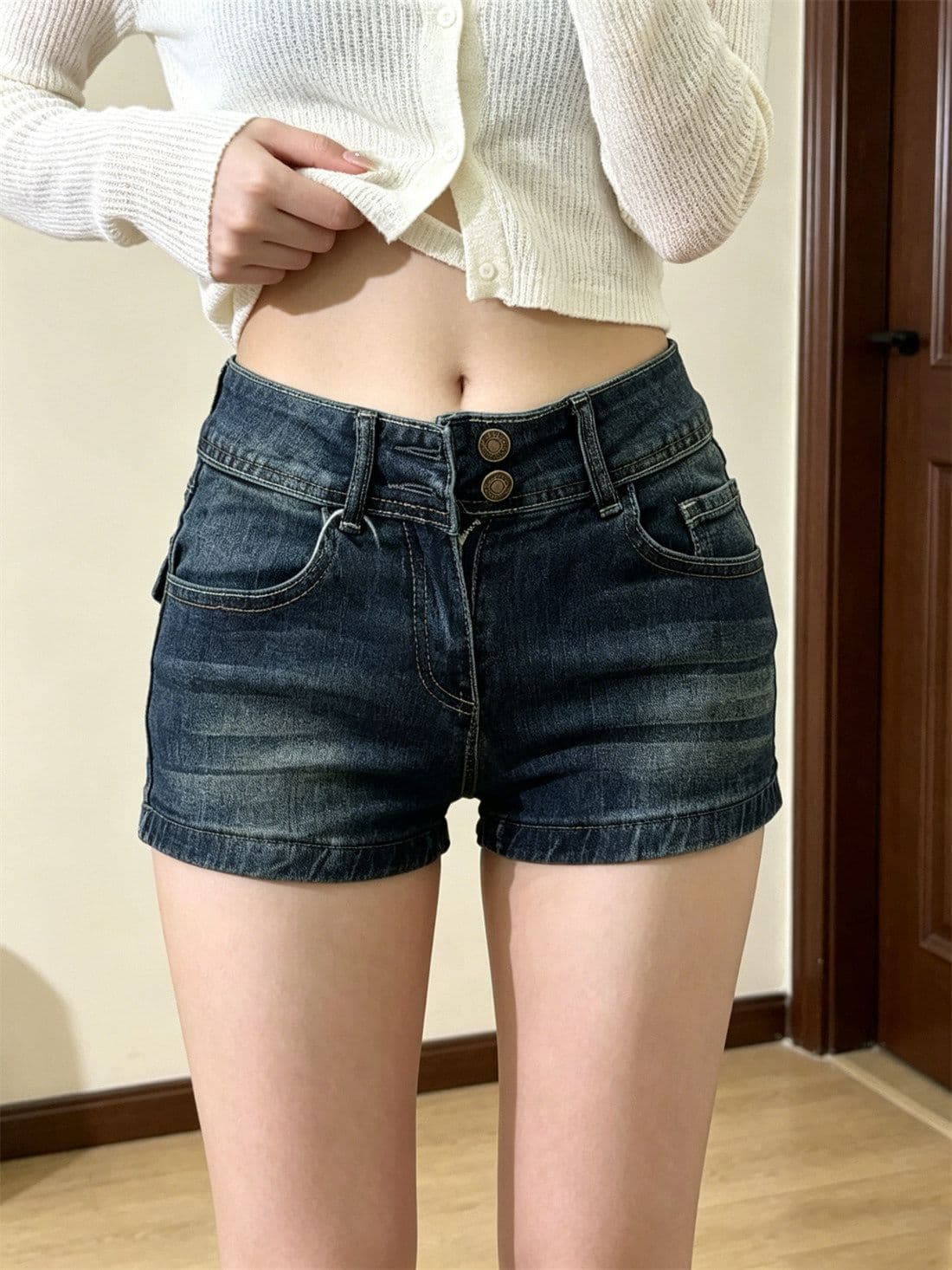 아메리칸 핫걸 파란색 청바지 반바지 여성 2026 여름 새로운 더블 버클 로우 웨이스트 다용도 슬림해 보이는 타이트 스커트 핫 바지 상세 이미지 2