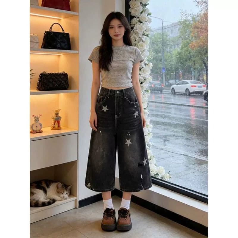 아메리칸 레트로 별 프린트 데님 7부 바지 여성 2026 여름 새로운 루즈핏 슬림해 보이는 넓은 다리 바지 이미지 2