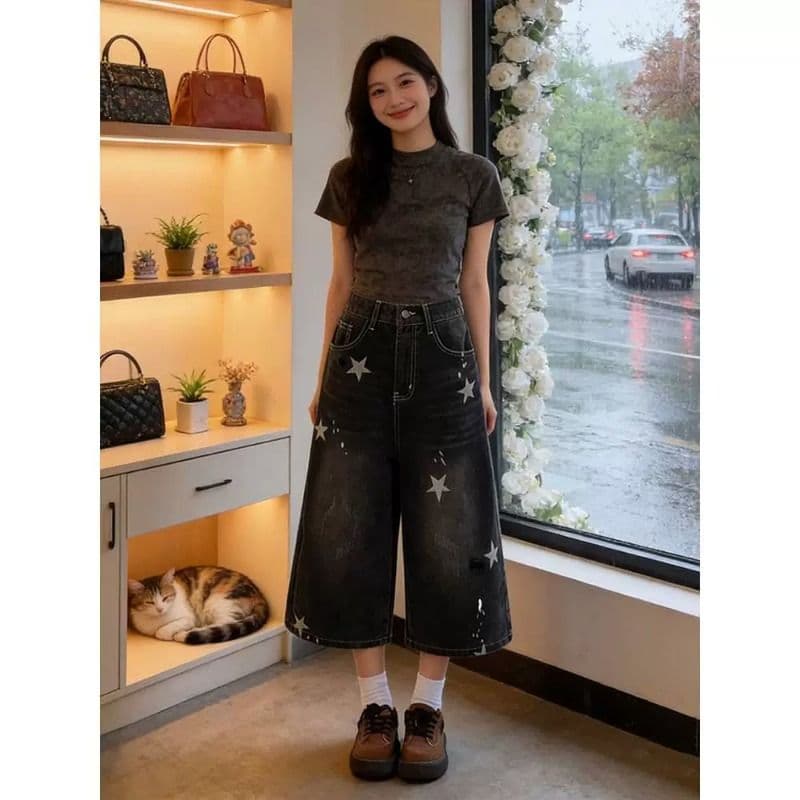 아메리칸 레트로 별 프린트 데님 7부 바지 여성 2026 여름 새로운 루즈핏 슬림해 보이는 넓은 다리 바지 이미지 3
