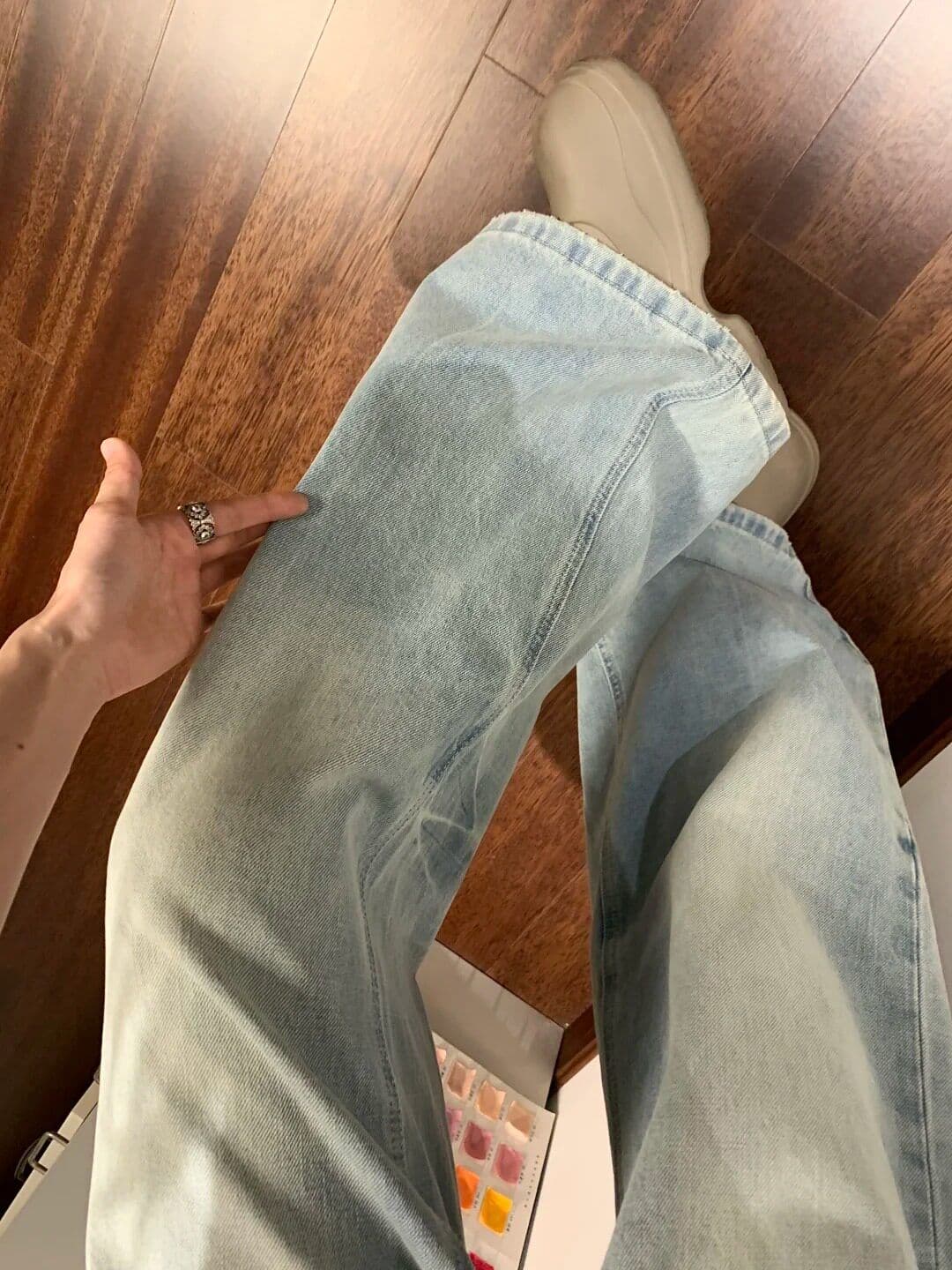 한 부서 하늘색 루즈핏 넓은 다리 청바지 여성 작은 키 로우 웨이스트 슬림해 보이는 도루 센스 다용도 스트레이트 바닥 청소 긴 바지 상세 이미지 2