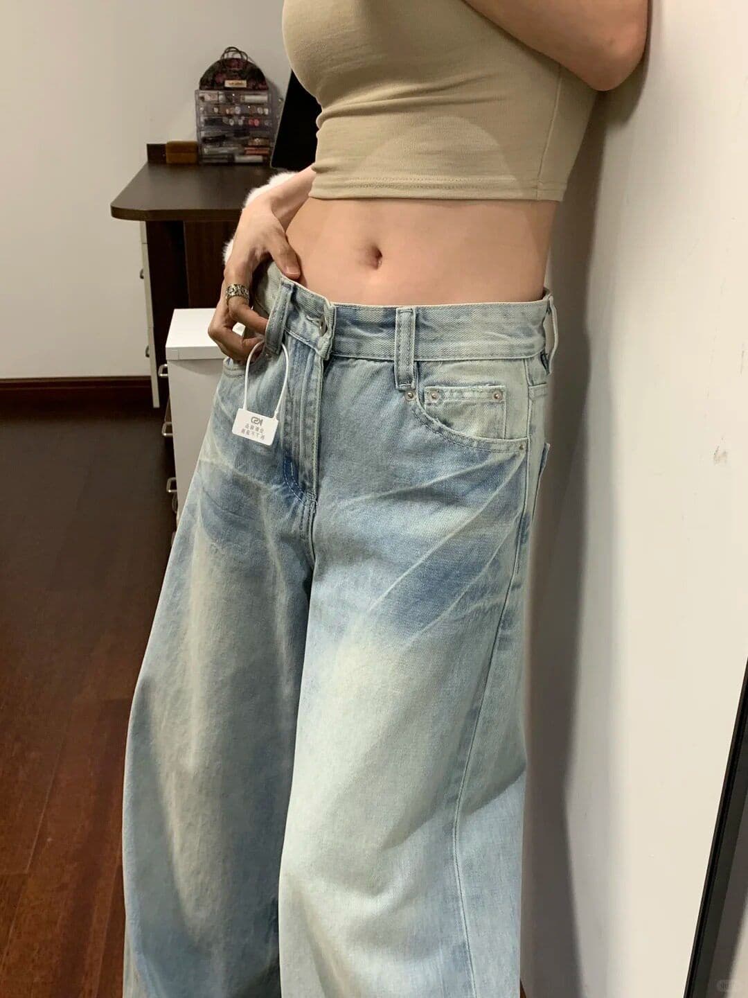 한 부서 하늘색 루즈핏 넓은 다리 청바지 여성 작은 키 로우 웨이스트 슬림해 보이는 도루 센스 다용도 스트레이트 바닥 청소 긴 바지 상세 이미지 4