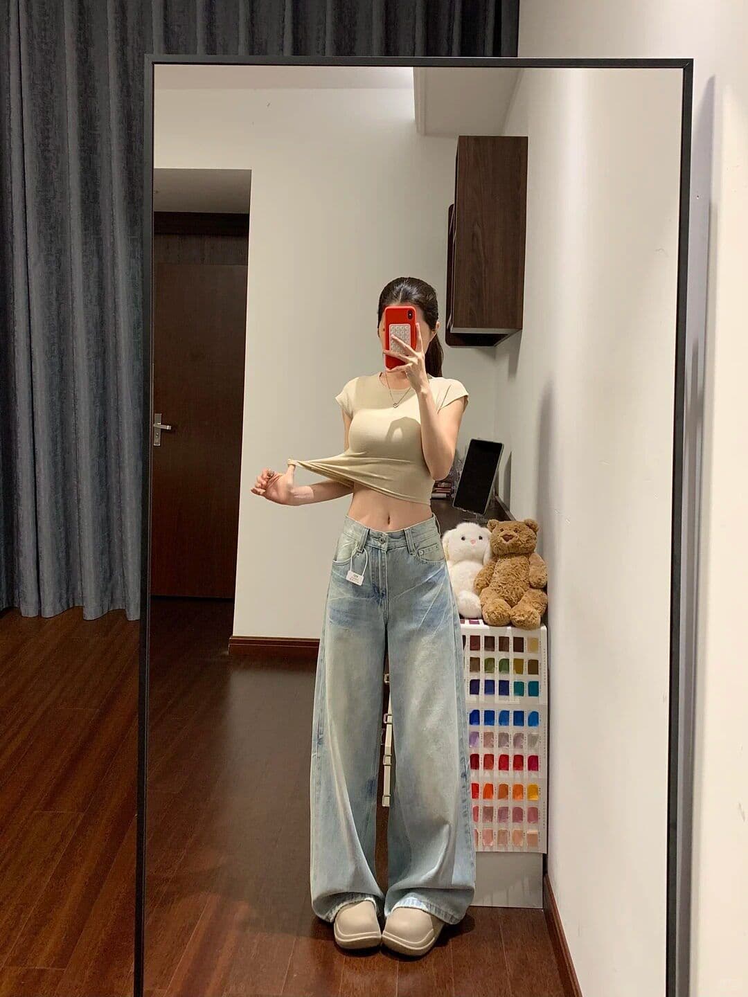 한 부서 하늘색 루즈핏 넓은 다리 청바지 여성 작은 키 로우 웨이스트 슬림해 보이는 도루 센스 다용도 스트레이트 바닥 청소 긴 바지 상세 이미지 5