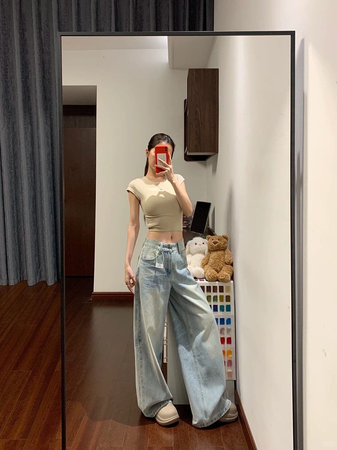 한 부서 하늘색 루즈핏 넓은 다리 청바지 여성 작은 키 로우 웨이스트 슬림해 보이는 도루 센스 다용도 스트레이트 바닥 청소 긴 바지 상세 이미지 6