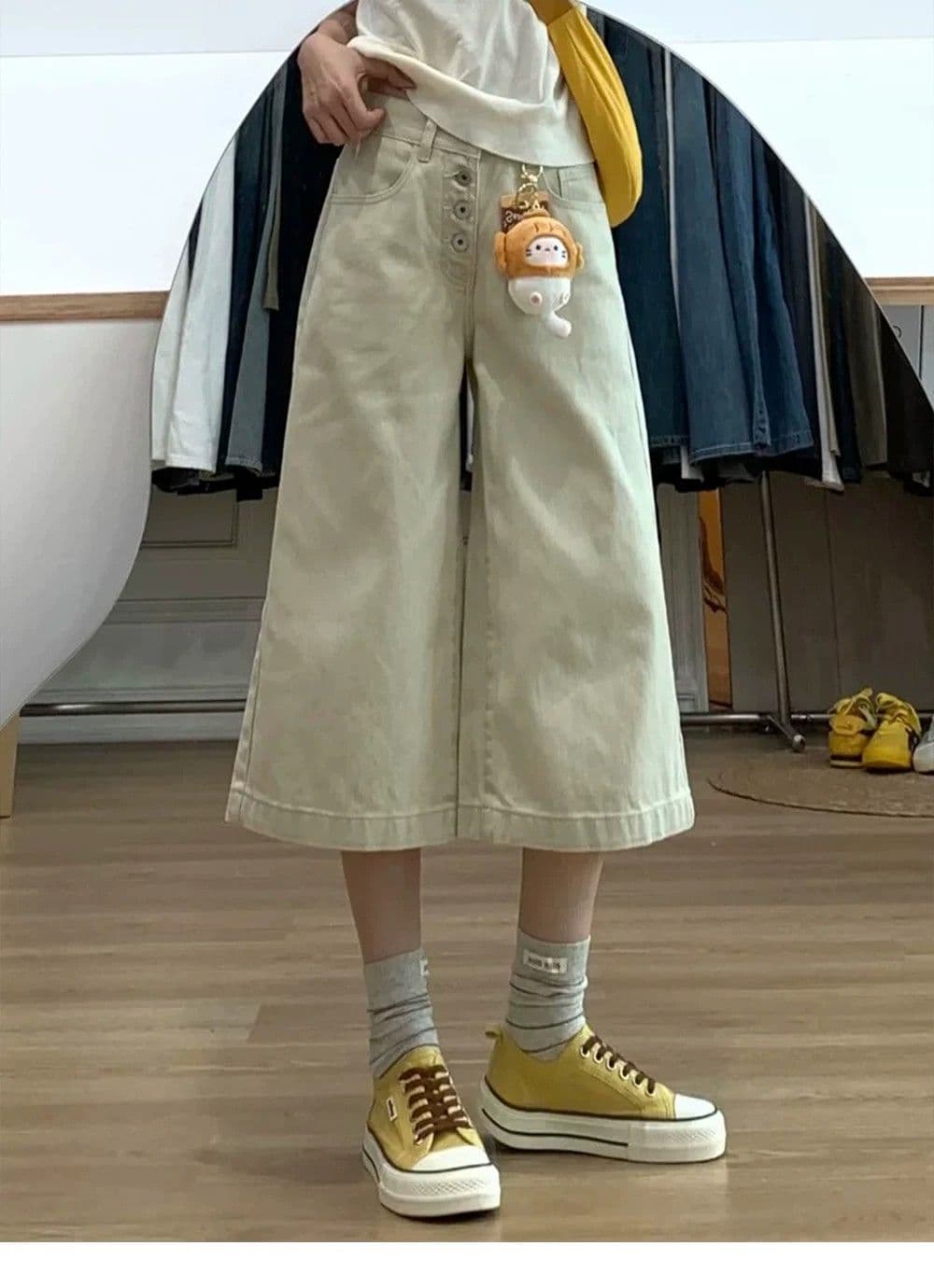 카키 색 청바지 여성 2026 여름 얇은 스타일 하이웨이스트 슬림해 보이는 작은 키 7부 바지 넓은 다리가 짧다. 바지 보은 바지 상세 이미지 6