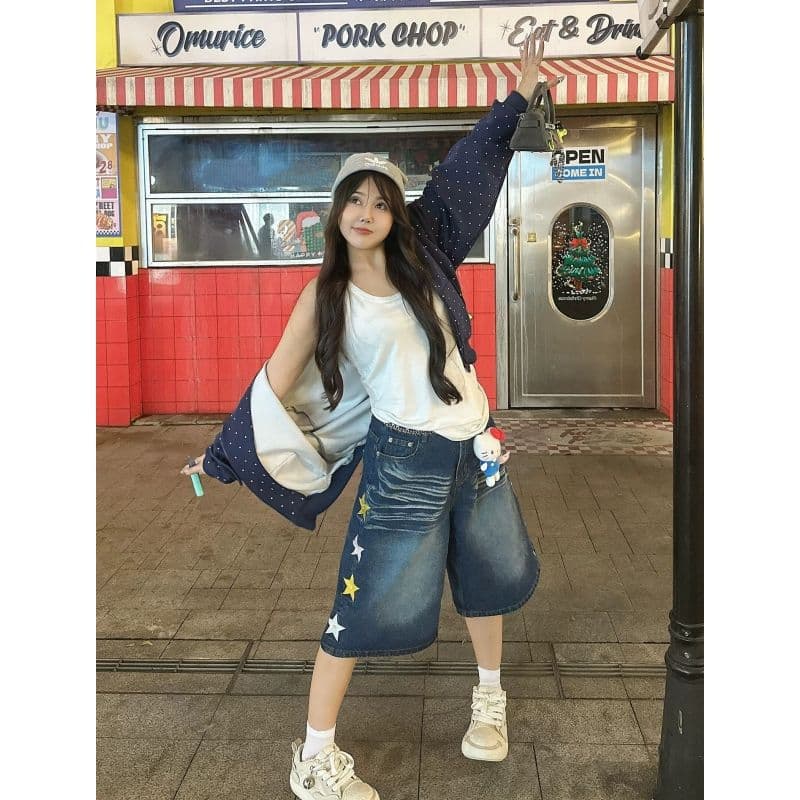 아메리칸 레트로 별 자수 데님 7부 바지 여성 여름 새로운 조수 브랜드 루즈핏 다용도 캐주얼 넓은 다리가 짧다. 바지 이미지 5