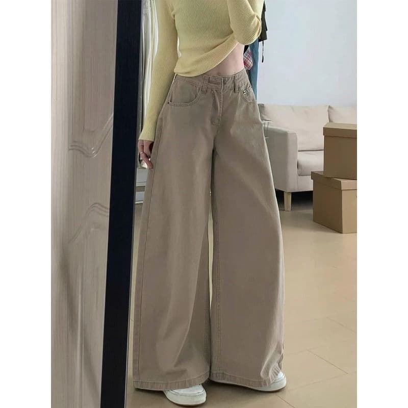 작은 키 아메리칸 카키 색 하이웨이스트 넓은 다리 청바지 여성 여름 캐주얼 루즈핏 슬림해 보이는 도루 센스 스트레이트 긴 바지 상세 이미지 7